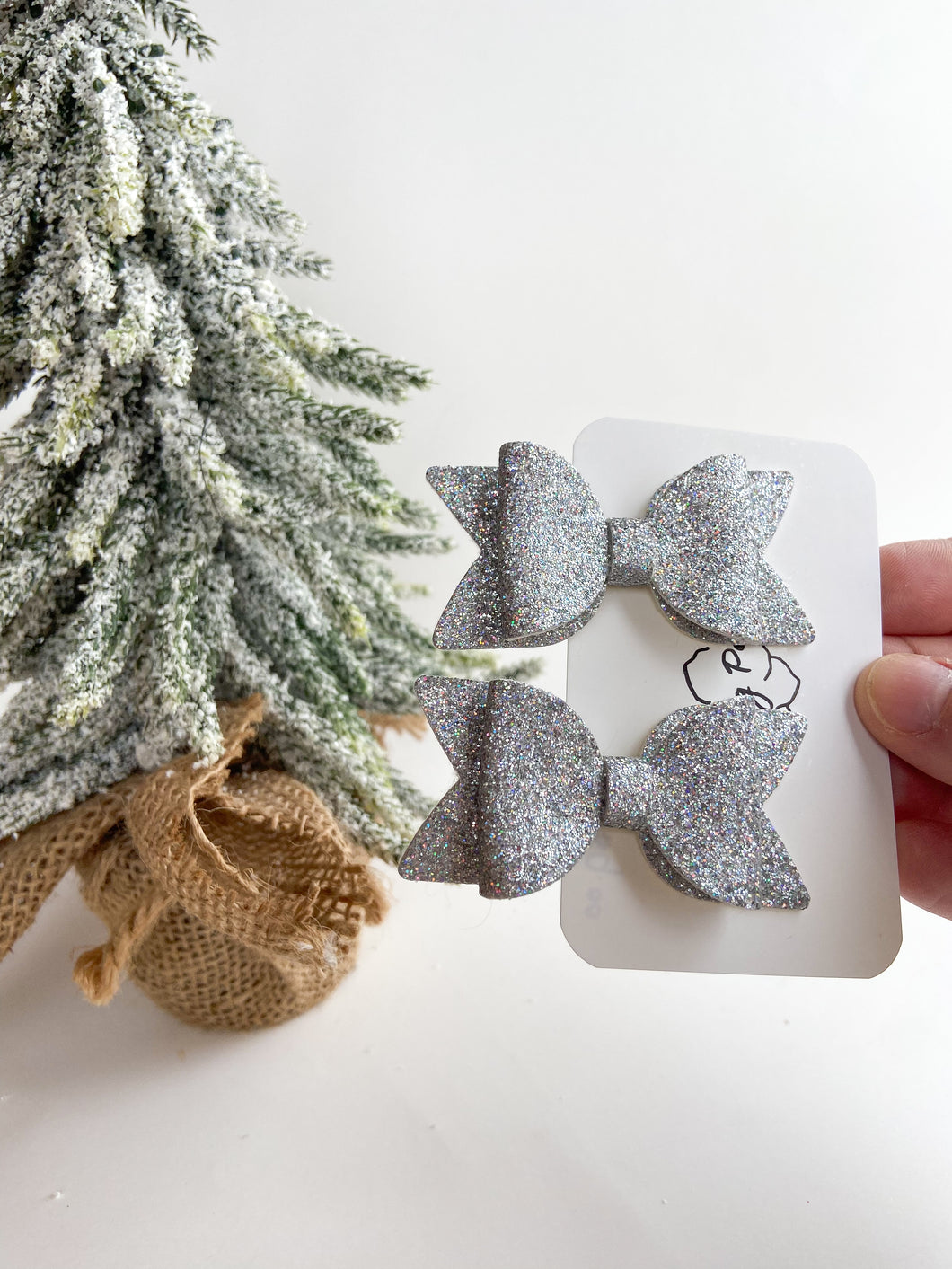 Silver Holographic Glitter Bow Hair Clips, Headband | Ellie Bow | Faux Leather Bows | Piggy Bows | Toddlers Hair Clips | Kids Hair Clips