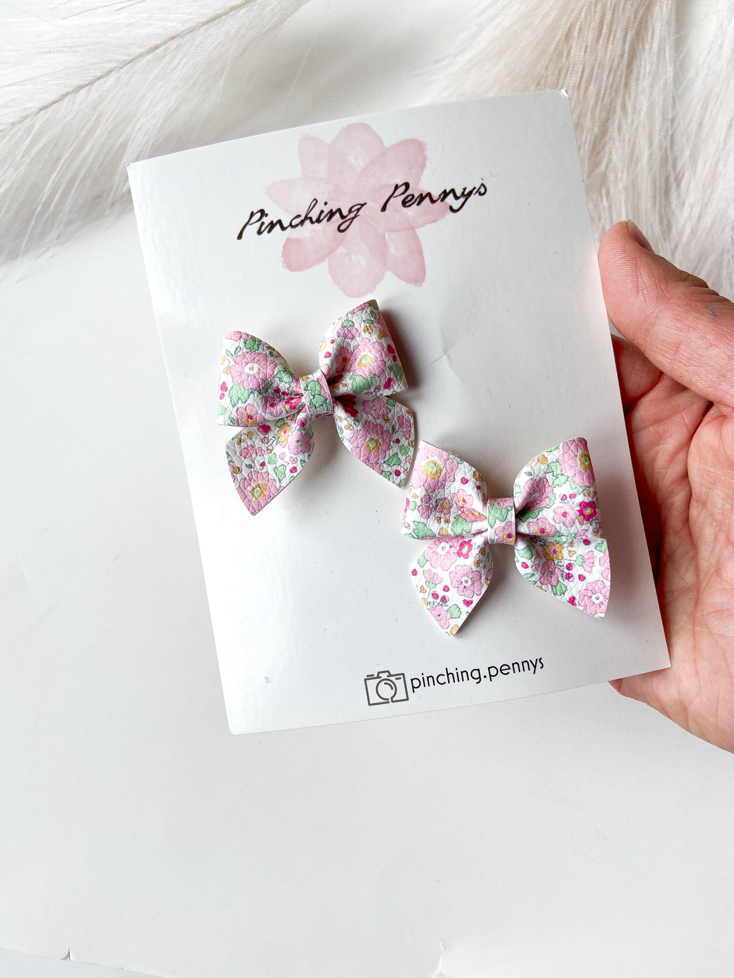 Pink Tiny Florals Bow Hair Clips, Headband | Faux Leather Bows | Piggy Bows | Toddlers Hair Clips | Kids Hair Clips