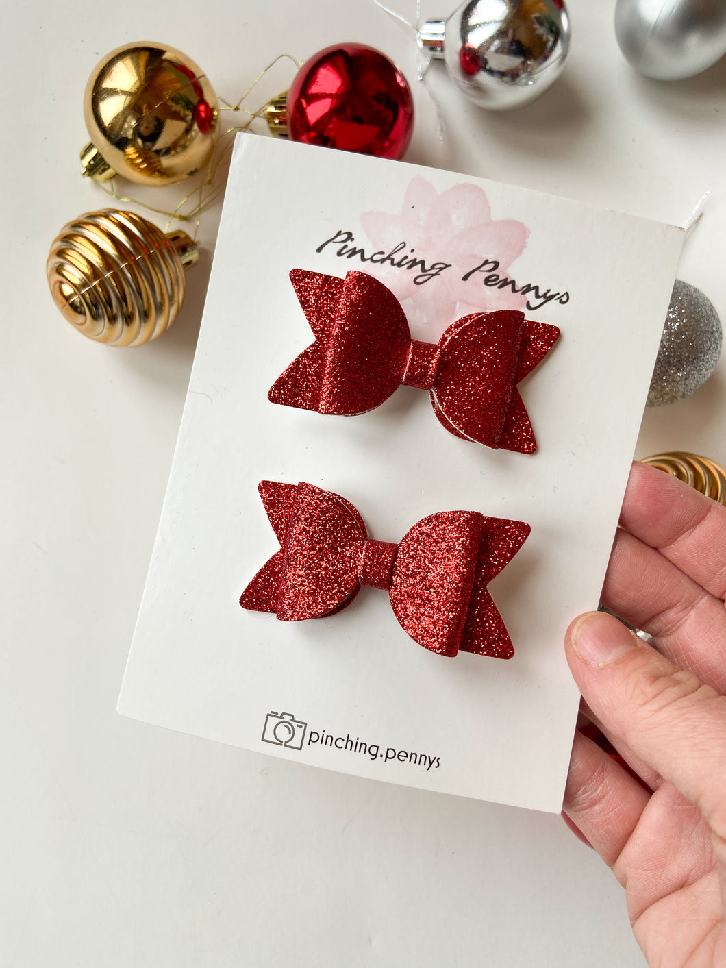 Fine Red Glitter Bow Hair Clips, Headband | Ellie Bow | Faux Leather Bows | Piggy Bows | Toddlers Hair Clips | Kids Hair Clips