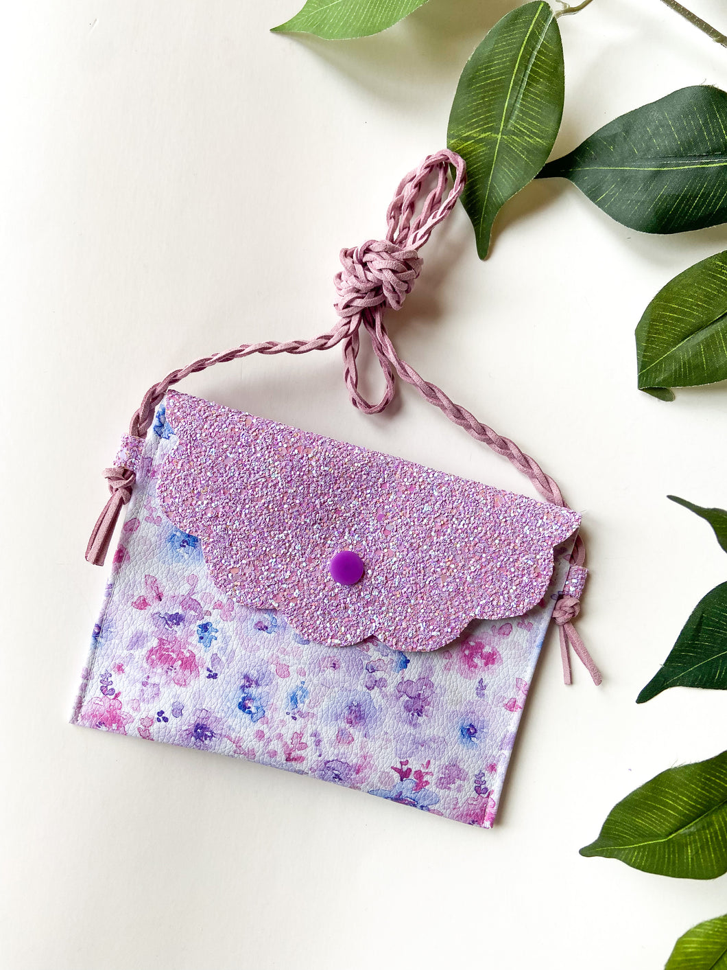 Purple Watercolour Floral Faux Leather Toddler Childrens Purse