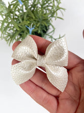 Load image into Gallery viewer, White Pearl Vegan Leather Bow Hair Clips, Headband | Paityn Bow | Faux Leather Bows | Toddlers Hair Clips | Kids Hair Clips
