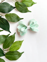 Load image into Gallery viewer, Green Fronds Bow Hair Clips, Headband | Pippa Bow | Faux Leather Bows | Toddlers Hair Clips | Kids Hair Clips
